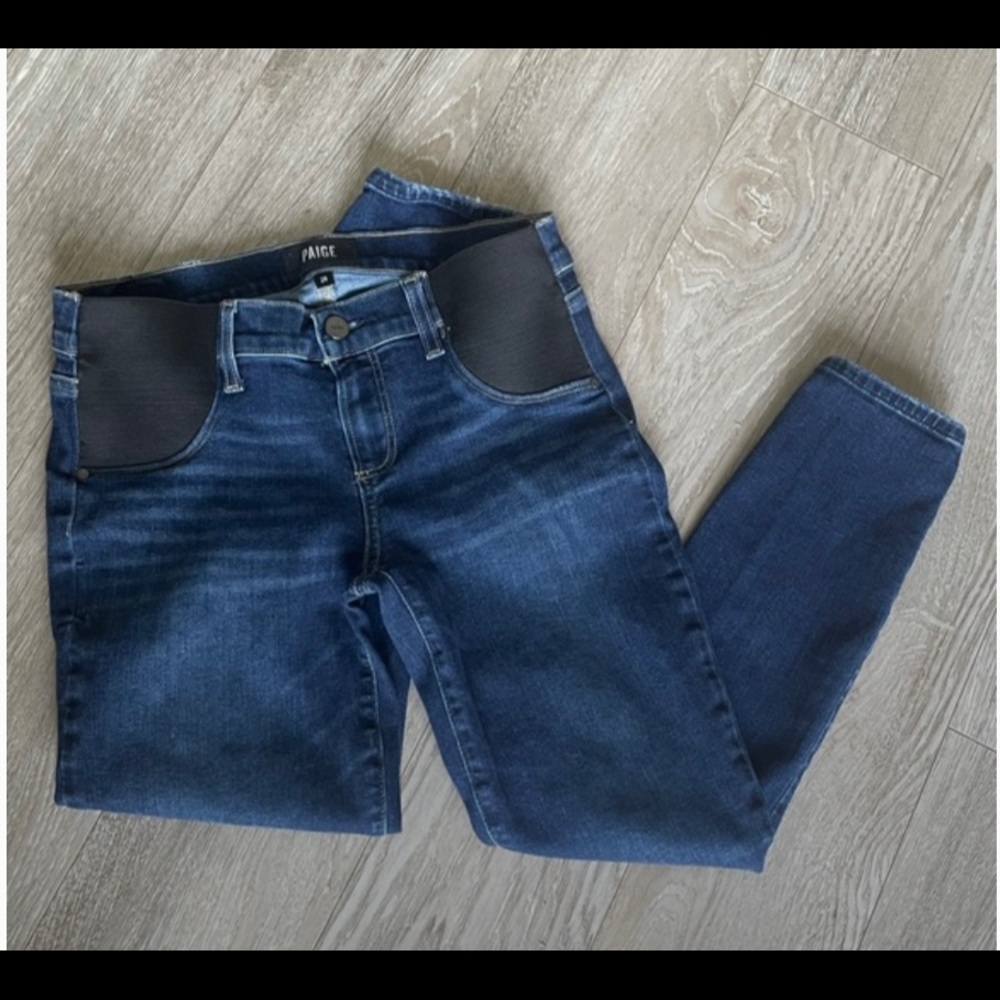 Paige Maternity Jeans with front stretch panel. Dark wash